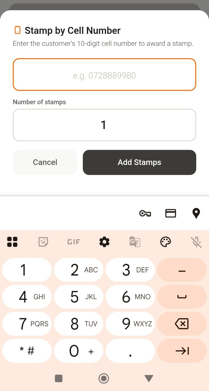 The Stamp by Cell Number panel, where the cashier types the customer's number and taps Add Stamps
